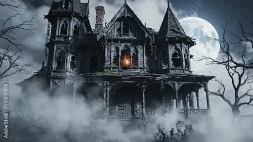Eerie Haunted House on a Foggy Hill at Night with Glowing Windows Perfect Halloween Horror Background
