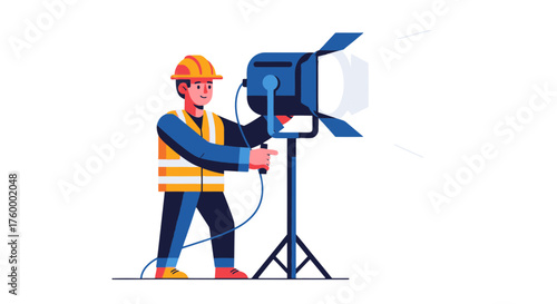 Illustration Of A Technician Adjusting A Spotlight With A Safety Vest On A Black Background