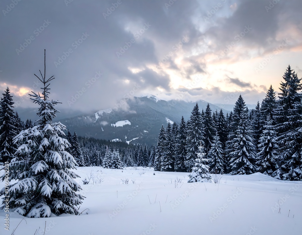 Fototapeta premium Snowy mountain landscape with evergreen trees under a cloudy sky