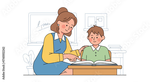 Inspiring Teacher Guiding Pupil Through Reading in a Charming Illustrated Classroom