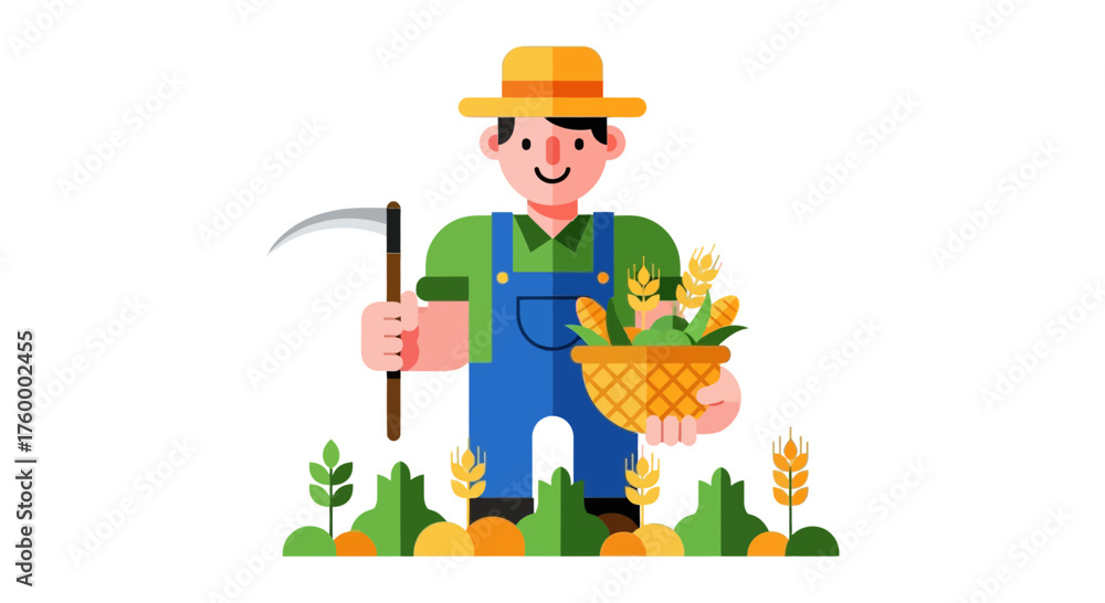 Obraz premium Joyful Farmer Displays Harvest with Wheat and Scythe in a Minimalist Vector Illustration