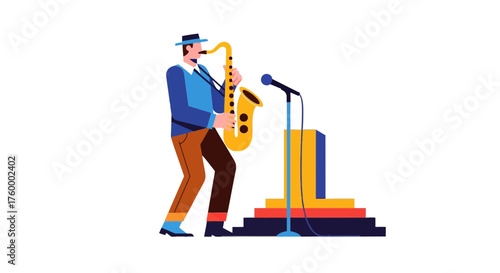 Jazz Musician Playing Saxophone On Stage With Microphone And Stands, Illustration