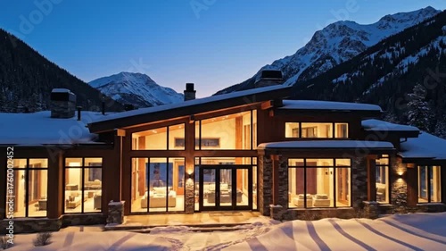 Contemporary Mountain Retreat Illuminated at Twilight with Snowy Landscape and Warm Ambient Lighting