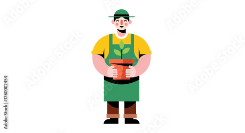 Joyful Gardener Holding A Potted Plant With A Cheerful Smile, Horticulture Vector