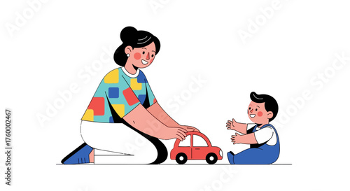 Joyful Mother Plays With Adorable Child Using A Red Toy Car Against Black Backdrop