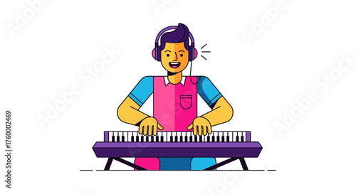 Joyful Musician Playing Synthesizer Wearing Headphones on a Black Background Illustration