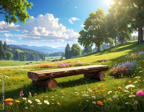 Fototapeta Naklejka Na Ścianę i Meble -  Serene landscape with a wooden bench, wildflowers, and rolling hills