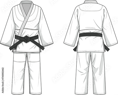 Martial arts uniform, gi front and back view, black belt, judo outfit, karate attire, BJJ gear, technical drawing, illustration