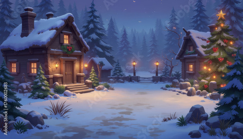 Illustration of a snowy Christmas village in a winter forest at night