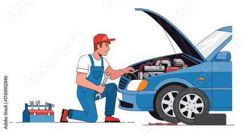 Mechanic Fixing Car Engine, Working On Vehicle, Maintenance Services Illustration