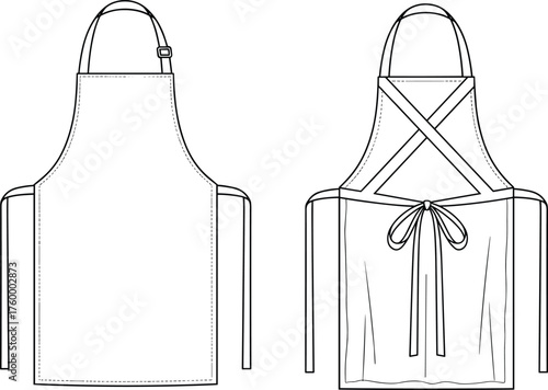 Apron technical drawing, front and back view, sewing pattern, garment design, fashion sketch, adjustable straps, waist tie, stitching detail