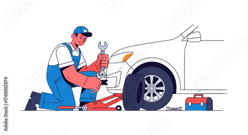 Mechanic Kneeling While Fixing A Car Tire With A Wrench On A Black Background