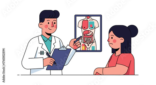 Medical Consultation: Doctor Explaining Human Anatomy to a Patient Using Illustration
