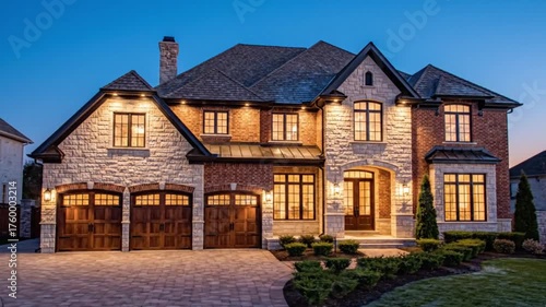 Elegant Two-Story Suburban Home with Brick and Stone Facade and Double Garage at Dusk – Modern Residential Architecture and Warm Evening Lighting