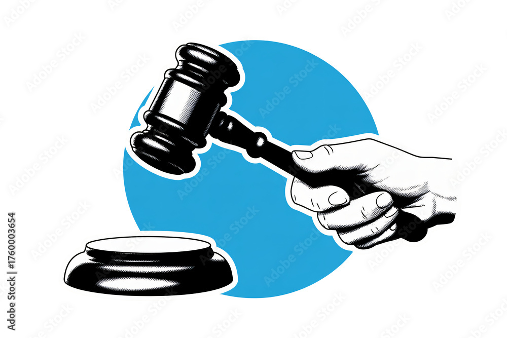 Obraz premium Justice hammer held high, ready to make a ruling, symbolizing fairness, law, and legal decisions in a court of law