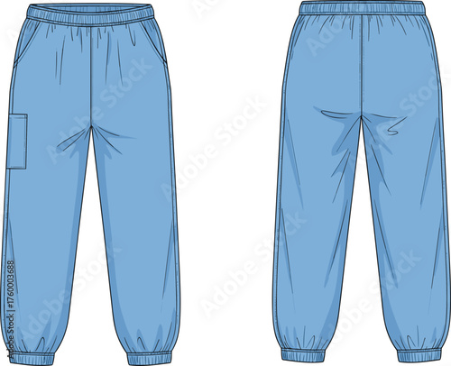 Blue jogger pants, elastic waistband, patch pocket, technical fashion sketch, garment design, casual wear, athletic style, apparel illustration, seam details