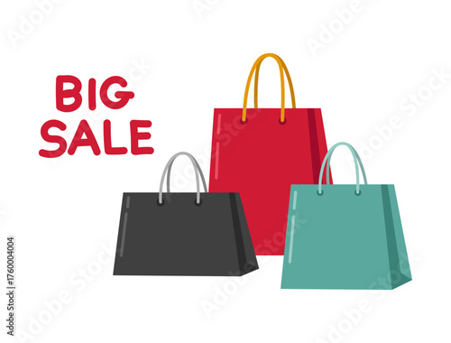 Big sale vector illustration with three colorful shopping bags in red, black, and teal colors. Ideal for Black Friday promotions, online store banners, marketing campaigns and e-commerce designs.