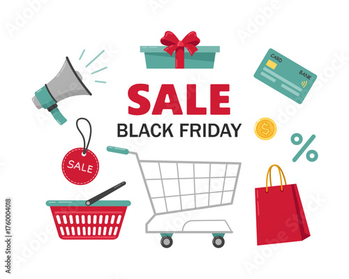 Black Friday sale vector illustration with shopping cart, red shopping bag, basket, gift box, credit card, megaphone, sale tag, coin, and percent sign. Perfect for Black Friday promotions, banners.
