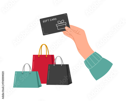 Vector illustration of a hand holding a black gift card above colorful shopping bags. Perfect for Black Friday sales, discounts, cashback promotions, and e-commerce advertising.