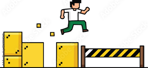 Pixel art man jumping over yellow boxes and striped barrier in retro video game style vector illustration 