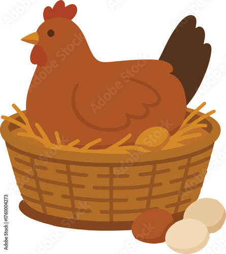 Brown hen sitting on eggs in a straw filled basket