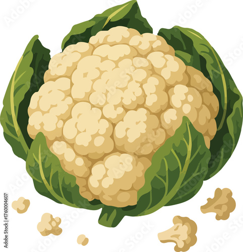 Creamy white cauliflower with green leaves and florets