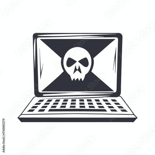 A stylized laptop screen shows a stark white skull against a dark jagged backdrop