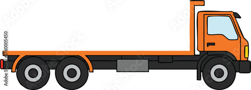 Orange flatbed truck vector illustration in side view for transport and logistics designs 