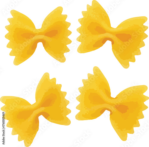 Four yellow farfalle pasta bow ties on white bow tie pasta