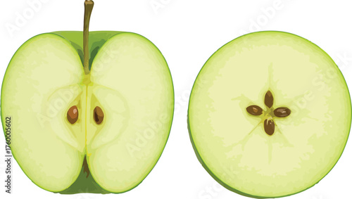 Green apple cut in half and cross section with seeds