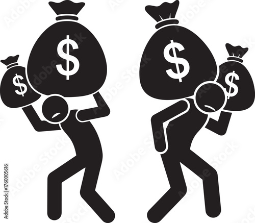 Two stick figure silhouettes carrying large bags of money silhouette