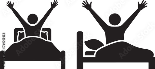 Two people waking up and stretching in bed silhouette