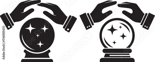 Two hands forming a dome over a crystal ball with stars silhouette