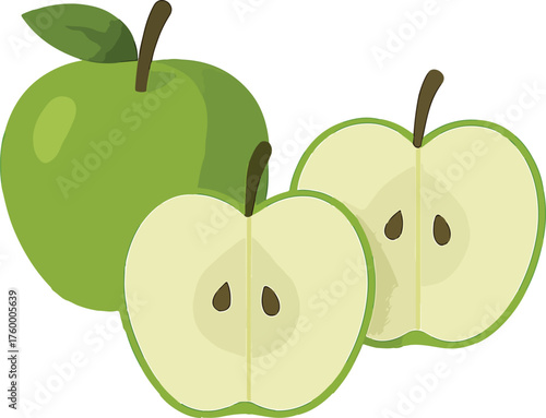Green apple whole and halved with seeds fruit food