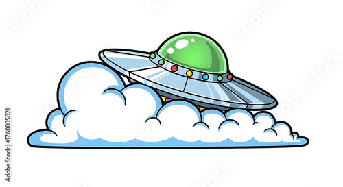 Illustration of a silver ufo with a green dome flying through fluffy white clouds in the sky