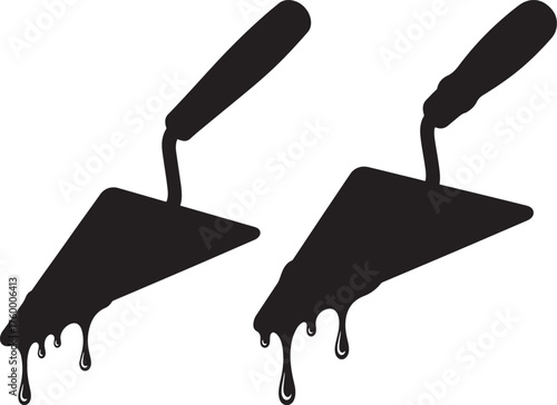 Two black trowels with dripping paint in a stark silhouette style