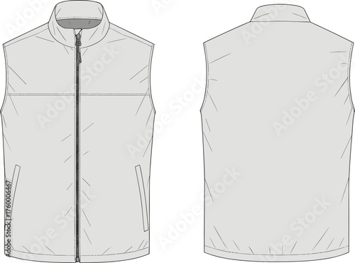 Sleeveless vest sketch, technical flat design, fashion illustration, front and back view, zipper detail, high collar, apparel template, garment CAD