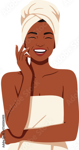 Happy smiling woman with towel wrapped around body and head after bath or spa relaxation vector illustration 