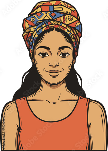 Woman wearing colorful patterned headscarf and orange sleeveless top smiling confidently natural beauty vector illustration 