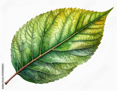 Detailed watercolor illustration of a vibrant green leaf with prominent veins on a white background