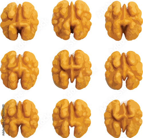 Nine golden brown walnut halves arranged in a grid