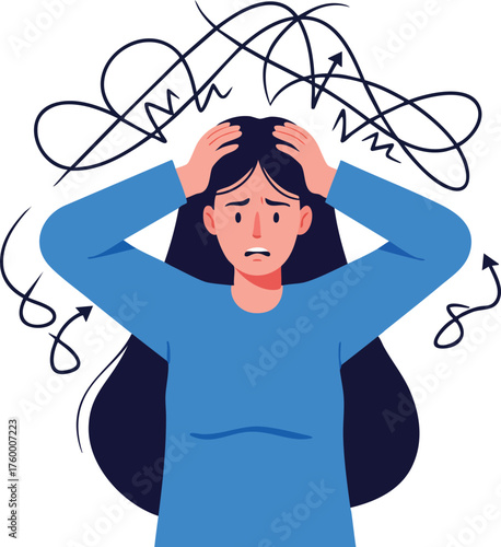 Woman experiencing mental stress and anxiety with chaotic thoughts illustration vector graphic 