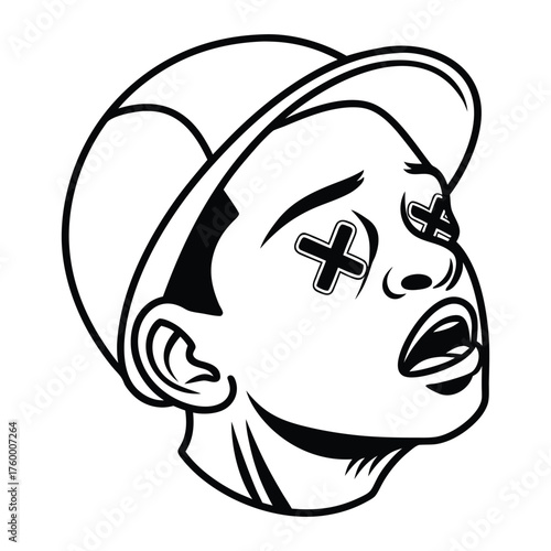 Minimalistic black-and-white illustration of a face with X-shaped eyes and a frowning mouth, conveying a sense of distress or exhaustion.