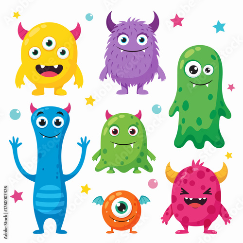 Four cute monster icon set line. Cartoon kawaii funny baby character. Eyes, horns, fang teeth. Happy Halloween. Childish style. Colorful silhouette. Sticker print. Flat design. White background Vector