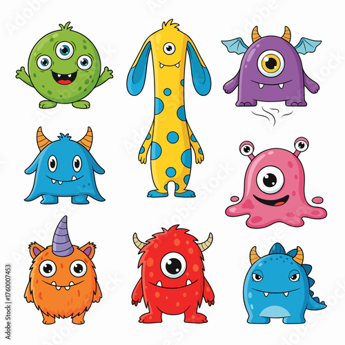 Four cute monster icon set line. Cartoon kawaii funny baby character. Eyes, horns, fang teeth. Happy Halloween. Childish style. Colorful silhouette. Sticker print. Flat design. White background Vector