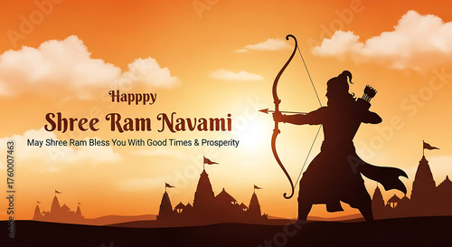 Silhouette illustration of Lord Ram holding a bow and arrow, set against a vibrant orange sunset sky with temple structures, celebrating the Hindu festival of Shree Ram Navami with spiritual.