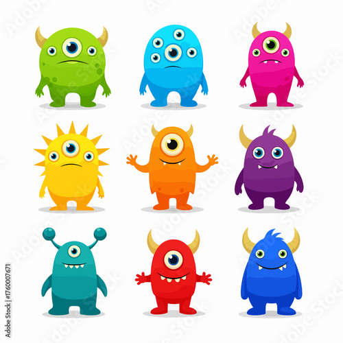 Monster set. Happy Halloween. Colorful smiling monsters. Cartoon kawaii funny boo character. Cute face head. Childish baby collection. Sticker print. White background. Flat design. Vector illustration