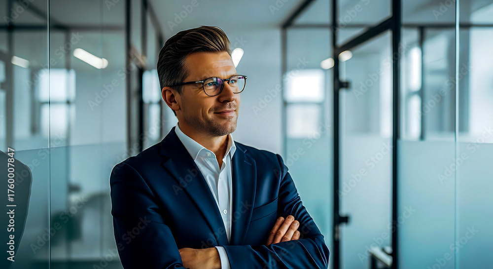 Obraz premium Confident businessman in suit with glasses standing in modern office hallway