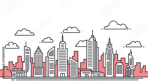 Minimalist Cityscape Depiction Featuring Skyscrapers Under a Cloudy Sky Abstract Illustration