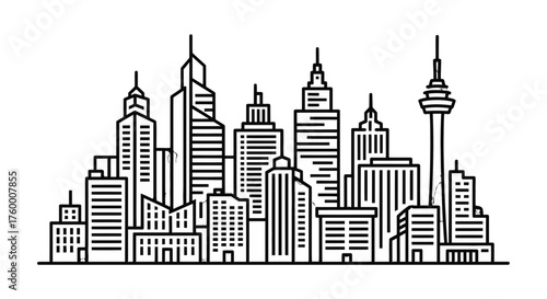 Minimalist Cityscape Silhouette On Black Background, Digital Design Illustration